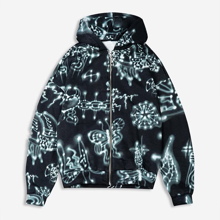 hoodie jacket customize with hongfeng’s unique kangaroo pocket and threaded pattern designs.